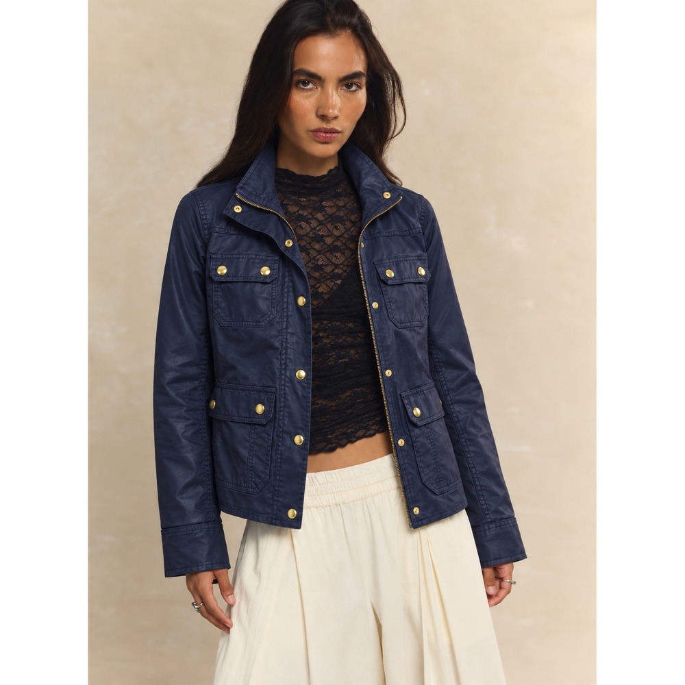 The Downtown Field Jacket J. Crew Navy Blue Coated Cotton Utility Coat XS 19034